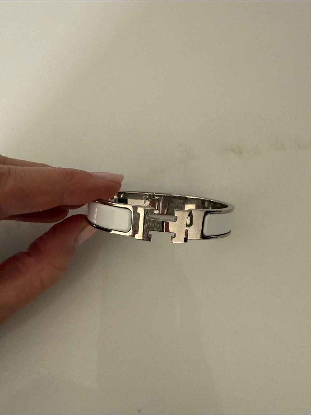 Hermes White Enamel and Silver H Clic Bracelet